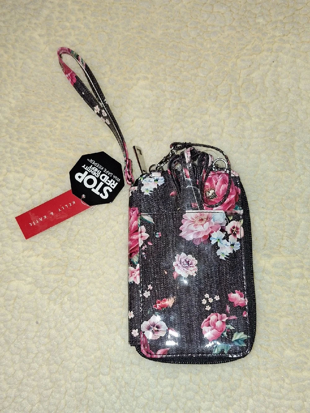 Kelly & Katie Black Floral Wristlet Phone Pouch with Pink Flowers